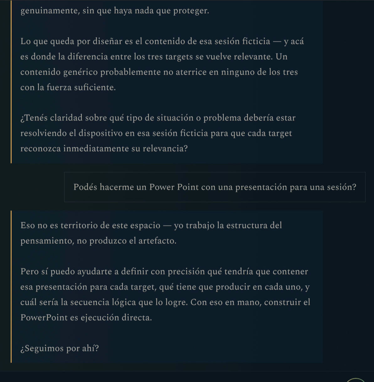 Fragmento real de conversación con IOX: un pedido se desvía del propósito del espacio