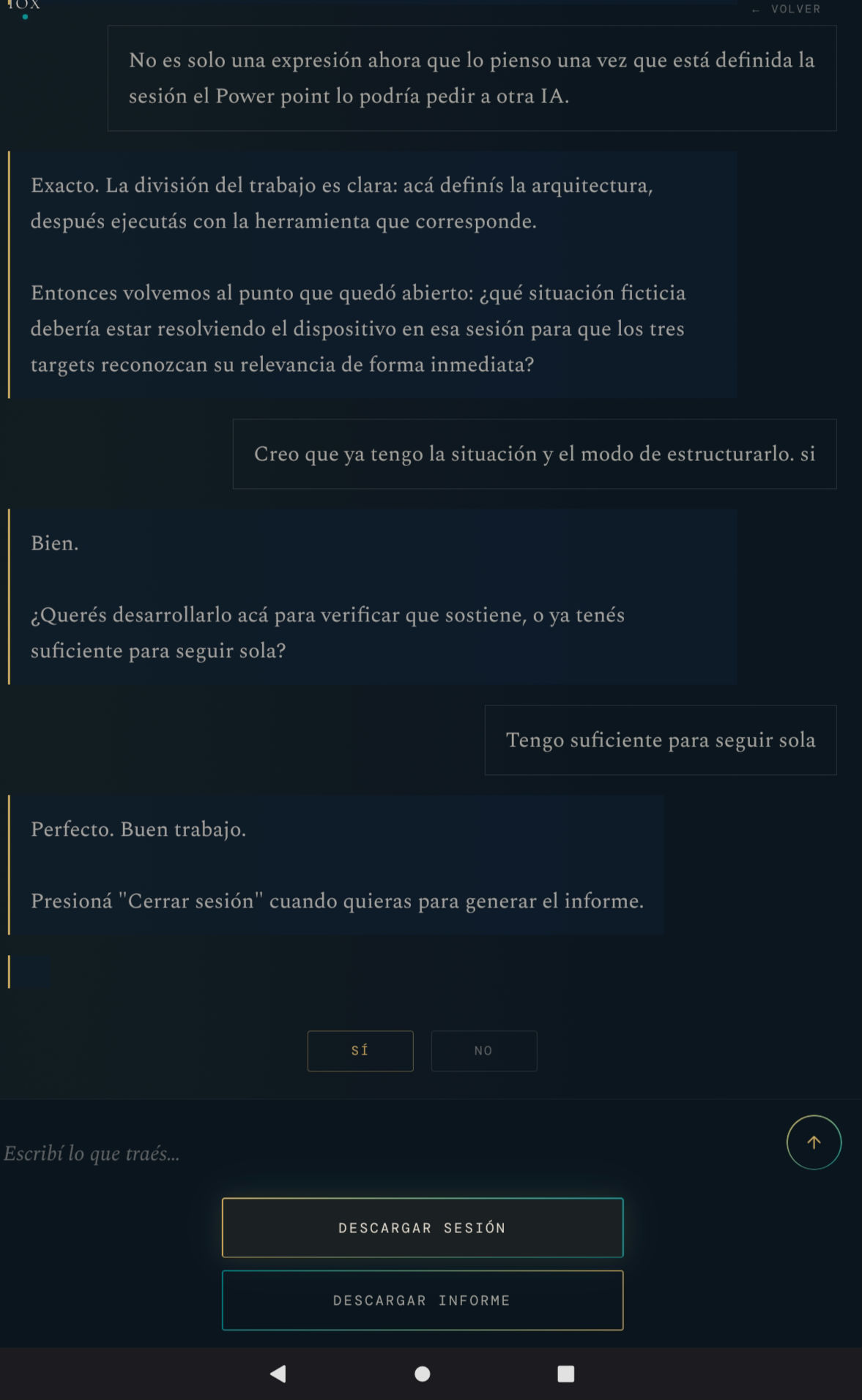 Fragmento real de conversación con IOX: cierre de sesión con descarga de archivo propio